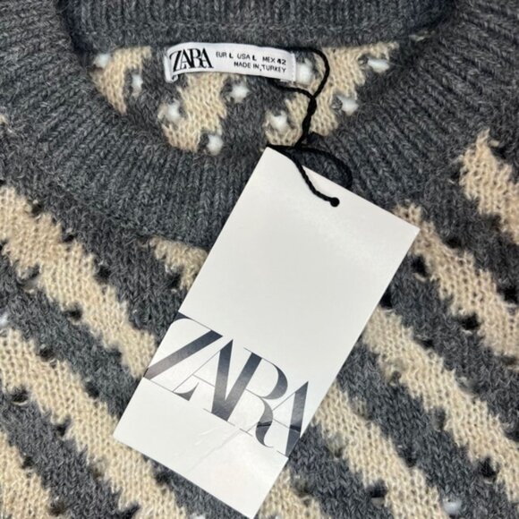 NWT ZARA Openwork Striped Pullover Knit Sweater‎ Open structure spun fabric Sz L - Picture 8 of 13